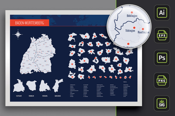 Baden-Württemberg'ın ilçeleri ve şehirlerini içeren harita - sınırlar kontur olarak.