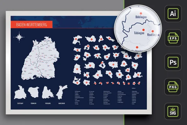 Carte géographique du Bade-Wurtemberg avec les arrondissements et les villes - les frontières en tant que contour