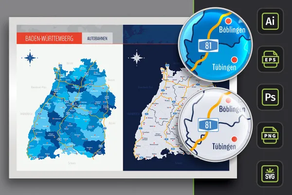 Landkarte Baden-Württemberg mit Landkreisen und Städten – Autobahnen