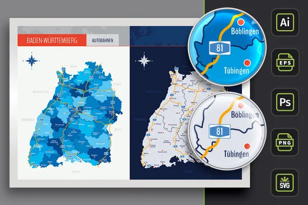 Carte du Bade-Wurtemberg avec arrondissements et villes - autoroutes