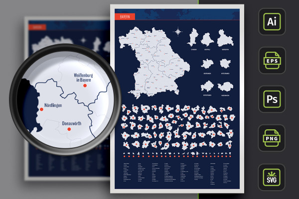 Map of Bavaria with counties and cities - borders as contours
