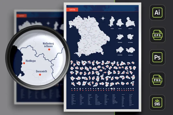 Baijeri kaart koos kreiside ja linnadega - piirid kontuuridena