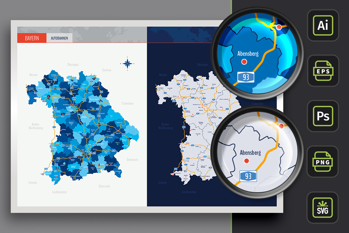 Vollständig bearbeitbare Landkarte von Bayern mit Landkreisen, Autobahnen, kreisfreien Städten – und jetzt auch mit über 60 Positionen von Städten! Vollständig bearbeitbare Landkarte von Bayern