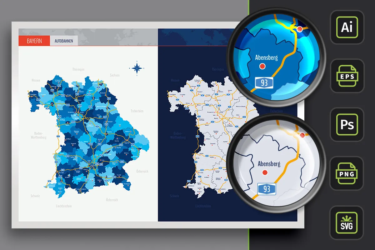 Landkort over Bayern med distrikter og byer - motorveje