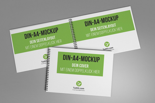 Mockup for hardcover brochure in landscape format with spiral binding: cover below, 2 inside pages