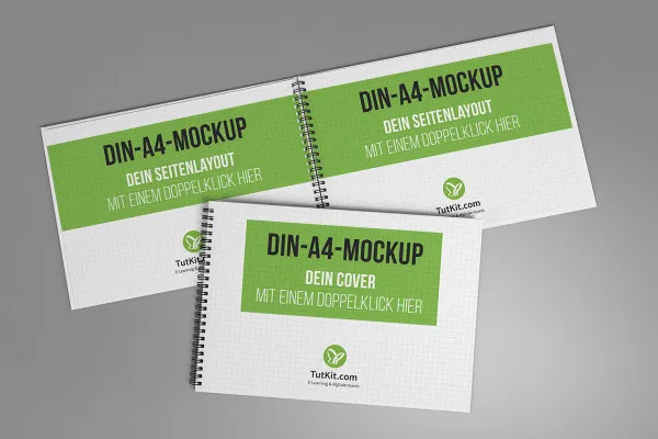Mockup untuk brosur hardcover dalam format landscape dengan spiral binding: cover di bawah, 2 halaman dalamannya.