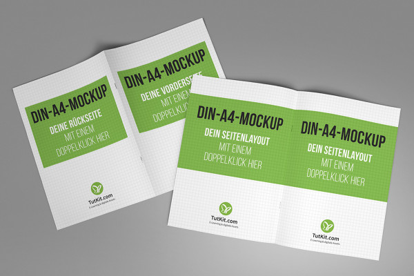 A4 dikey formatında broşür için mockup: Ön, arka ve bir üstte dikey olarak iki iç sayfa