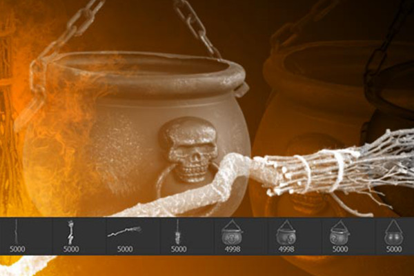 Halloween images as Photoshop brushes: witches' brooms and witches' cauldrons