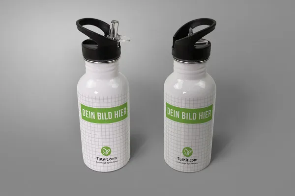 Mockup: zwei weiße Sport-Thermosflaschen mit Trinkverschluss