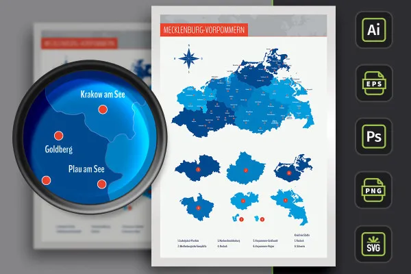 Landkarte Mecklenburg-Vorpommern mit Landkreisen und Städten – farbige Flächen