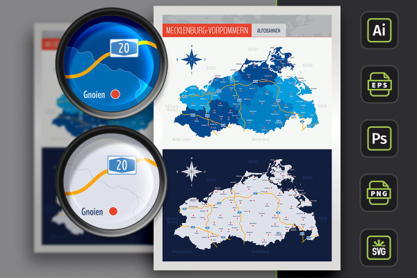 Landkarte Mecklenburg-Vorpommern mit Landkreisen und Städten – Autobahnen