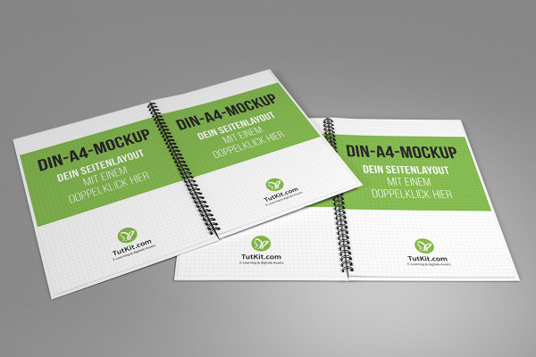 Mockup for hardcover brochure in portrait format with spiral binding: four inner pages, horizontal and overlapping