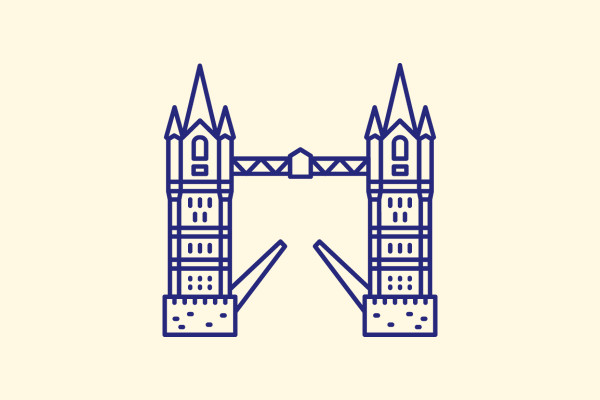 Iconos con lugares emblemáticos de Inglaterra: Tower Bridge, Big Ben, London Eye, Stonehenge