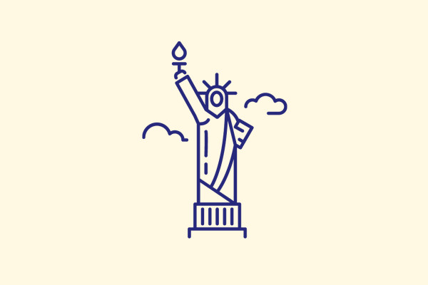 Iconos con lugares emblemáticos de Nueva York: Estatua de la Libertad, Tim Square, Grand Central, Empire State Building
