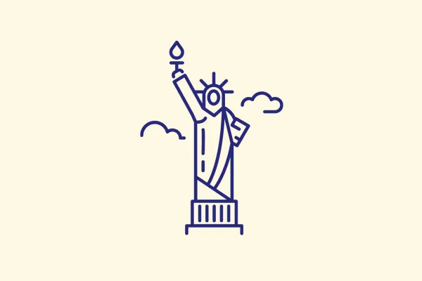 Icons mit Wahrzeichen in New York: Freiheitsstatue, Time Square, Grand Central, Empire State Building