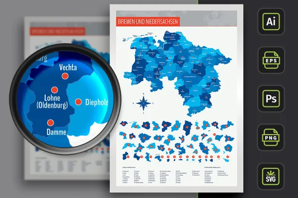 Landkarte Niedersachsen und Bremen mit Landkreisen und Städten – farbige Flächen