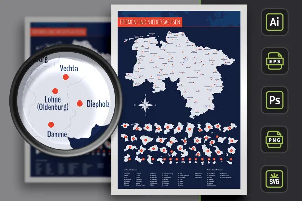 Mapa landu Dolnej Saksonii i Brema z powiatami i miastami - granice jako kontur