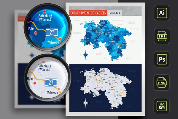 Mapa Niemiec i Bremy z powiatami i miastami - autostrady.