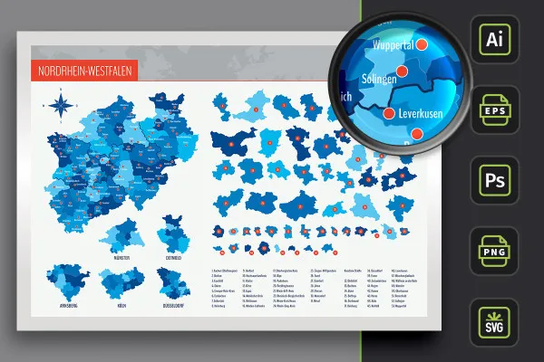 Landkarte Nordrhein-Westfalen mit Landkreisen und Städten – farbige Flächen