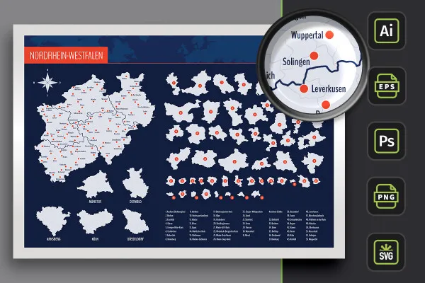 Landkarte Nordrhein-Westfalen mit Landkreisen und Städten – Grenzen als Kontur