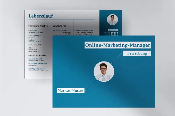 Sollicitatiesjabloon in liggend formaat voor online marketing manager (turquoise)