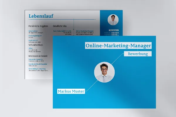 Sollicitatiesjabloon in liggend formaat voor online marketing manager (blauw)