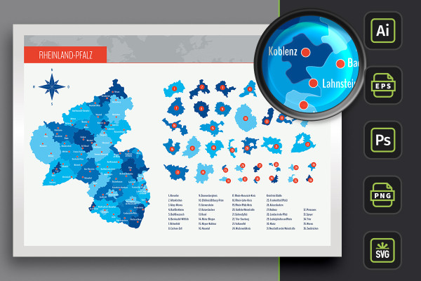 Kart over Rheinland-Pfalz med distrikter og byer - fargede områder