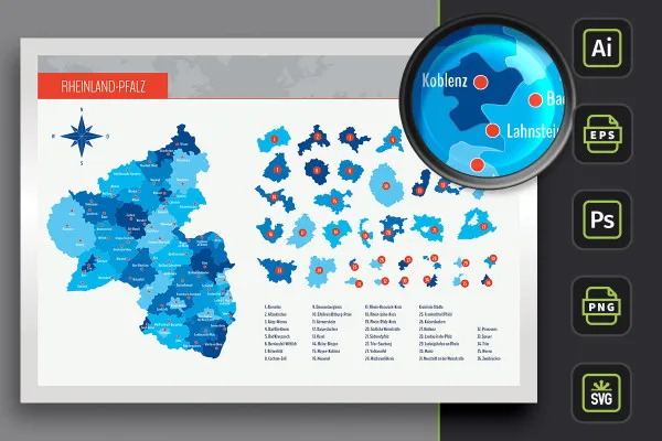 Landkarte Rheinland-Pfalz mit Landkreisen und Städten – farbige Flächen