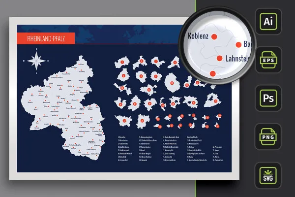 Rheinland-Pfalzi kaart koos maakondade ja linnadega - piirid kontuuridena