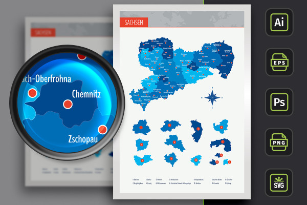 Map of Saxony with counties and cities - colored areas