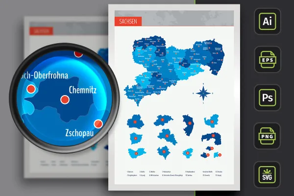 Landkarte Sachsen mit Landkreisen und Städten – farbige Flächen