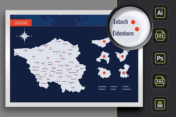 Landkarte Saarland mit Landkreisen und Städten – Grenzen als Kontur