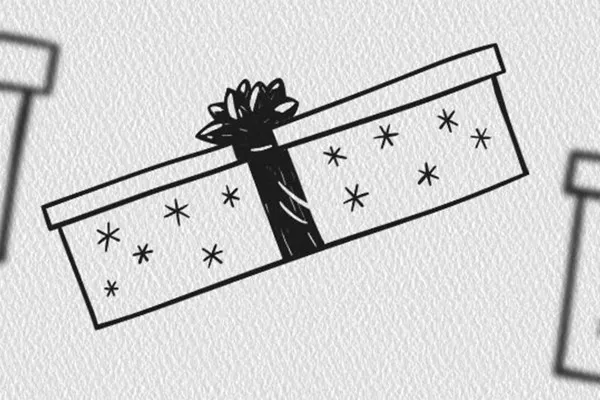 Weihnachtsmotiv in Schwarz-Weiß: Geschenkpaket flach, von der Seite