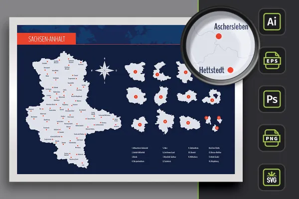 Landkarte Sachsen-Anhalt mit Landkreisen und Städten – Grenzen als Kontur