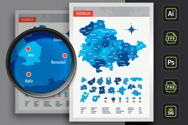 Landkarte Thüringen mit Landkreisen und Städten – farbige Flächen