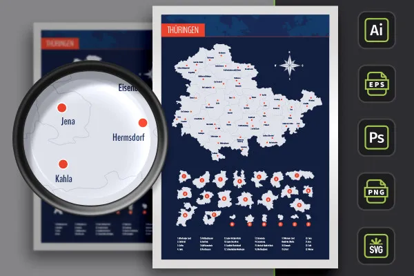 Thüringeni kaart maakondade ja linnadega - piirid kontuuridena