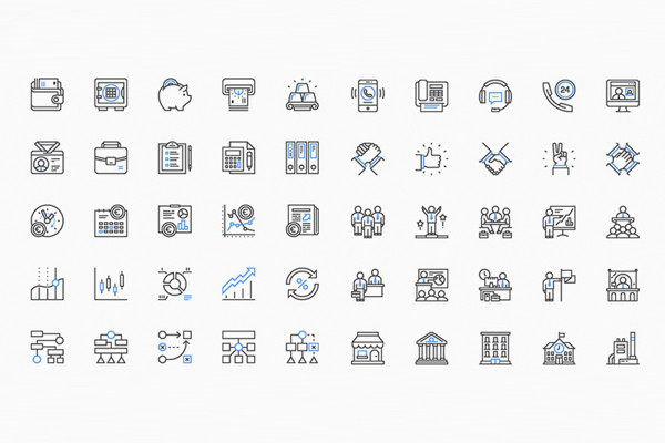 100 iconos empresariales con contornos negros y azules