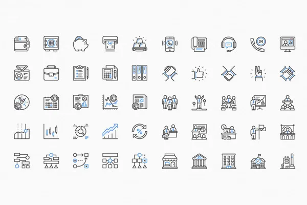 100 ícones de negócios com contornos pretos e azuis