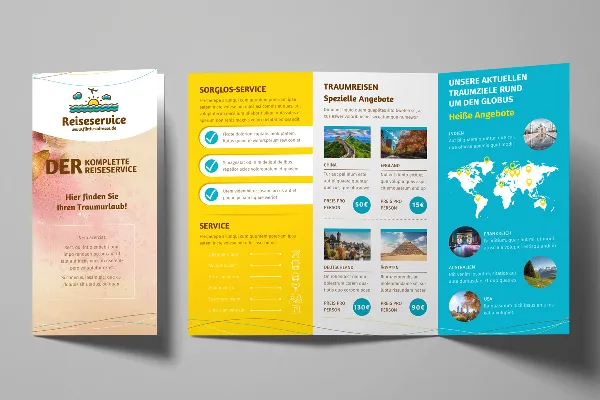 Plantilla de folleto en diseño Sunshine para publicidad de vacaciones y viajes