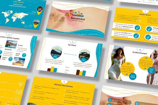 Modello di presentazione nel design Sunhine per pubblicità di vacanze e viaggi.
