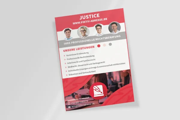 Een advertentiesjabloon in justitie-ontwerp voor advocatenkantoren.
