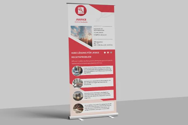 Roll-up-sjabloon met een Justice-ontwerp voor de bedrijfsuitrusting.