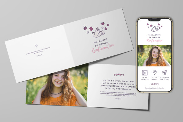 Confirmation - Template for invitation card "Dove flight" (A5 landscape)