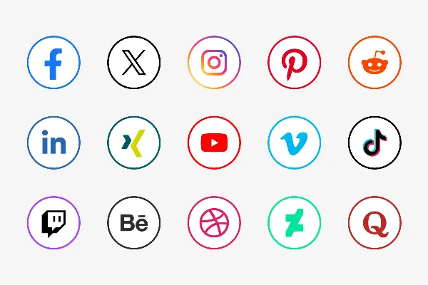 NEU - Social-Media-Icons: bunt auf weißem, bunt konturiertem Kreis