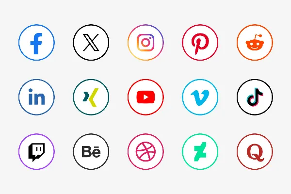 NUOVO - Icone dei social media: colorate su cerchio bianco, colorato e delineato.