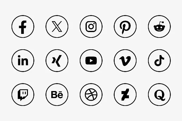 Neu - Social-Media-Icons: schwarz auf transparentem, schwarz konturiertem Kreis
