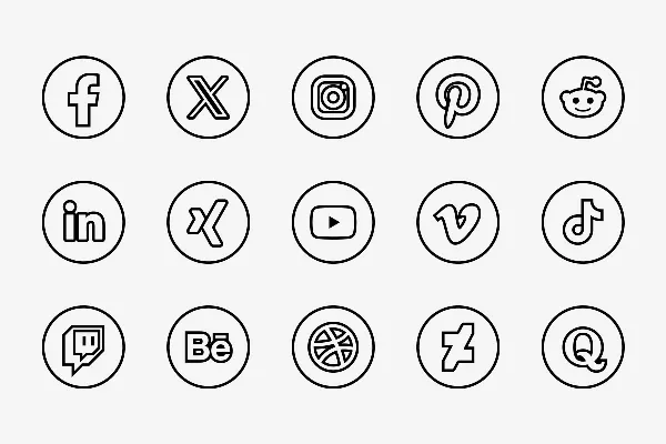 NUOVO - Icone dei social media: come contorno su cerchio trasparente con contorno nero