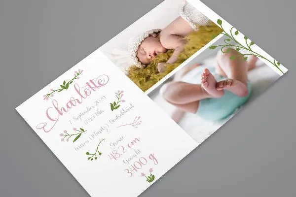 Birth card template (landscape format): Leaf green tenderness