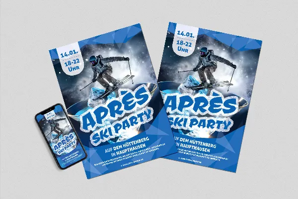 Modelo de panfleto e cartaz "Wintercool" para festas de Après-Ski e diversão em chalés.
