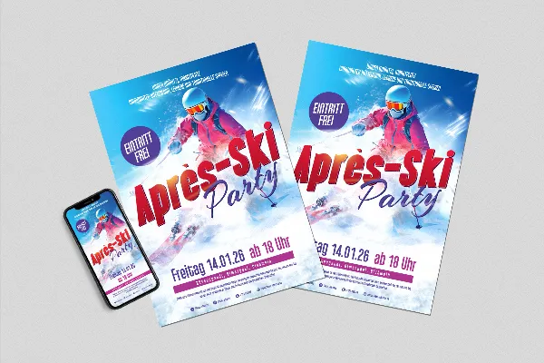 Modelo de flyer e cartaz "Winteraction" para festas pós-esqui e diversão na cabana.